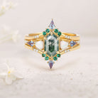 Unique floral engagement rings Long Hexagon Moss Agate 18K Yellow Gold Engagement Ring Set with Opal, Alexandrite, Emerald Accents