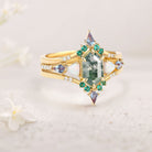 Unique floral engagement rings Long Hexagon Moss Agate 18K Yellow Gold Engagement Ring Set with Opal, Alexandrite, Emerald Accents