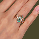 Unique floral engagement rings Long Hexagon Moss Agate 18K Yellow Gold Engagement Ring Set with Opal, Alexandrite, Emerald Accents