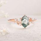Unique floral engagement rings Hexagon Moss Agate Leafy Moissanite 18K Yellow Gold Vintage Engagement Ring
