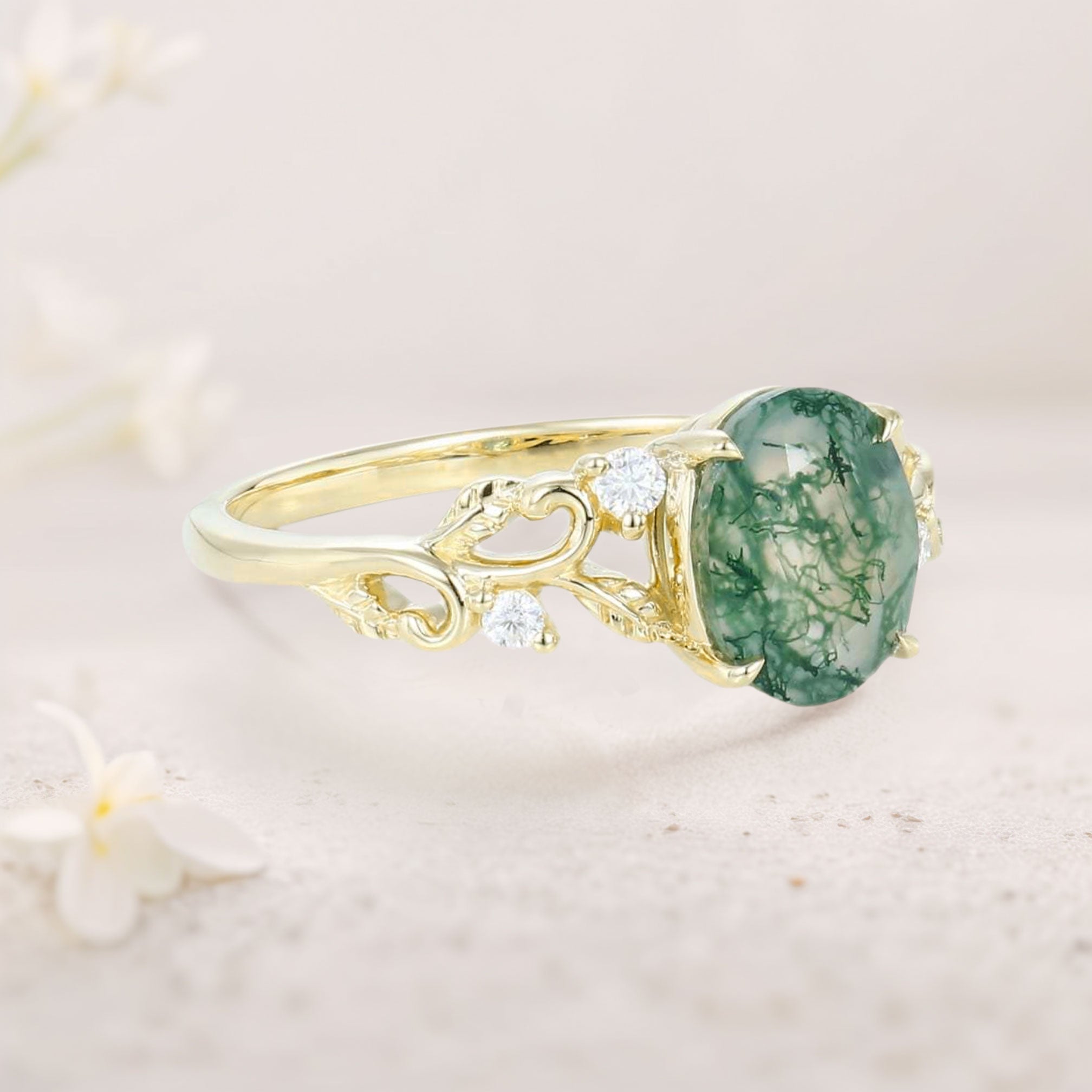 Unique floral engagement rings Oval Moss Agate Claw 18K Yellow Gold Engagement Ring Ornate Green Bridal Ring