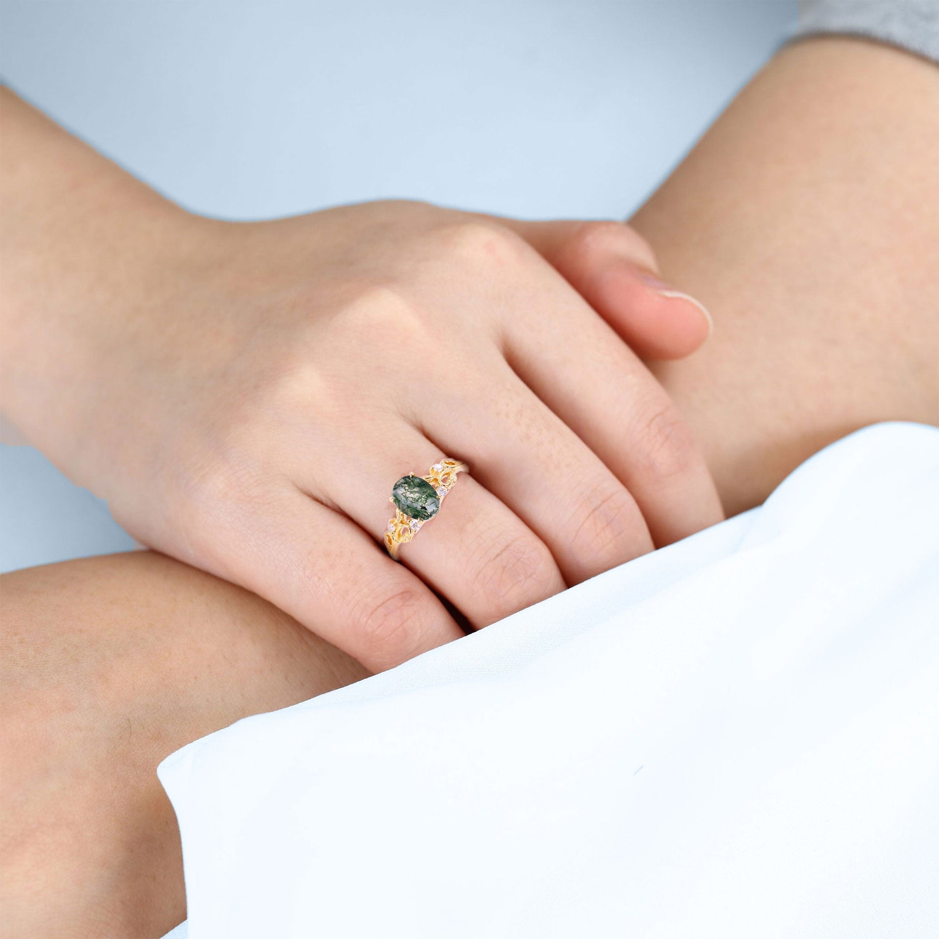 Unique floral engagement rings Oval Moss Agate Claw 18K Yellow Gold Engagement Ring Ornate Green Bridal Ring