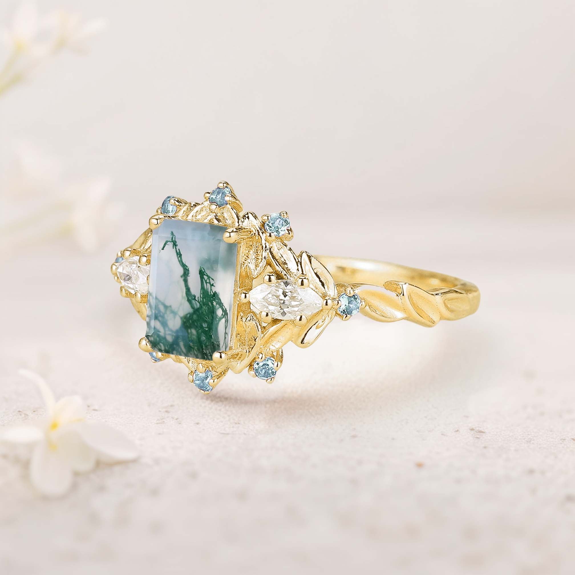 Unique floral engagement rings Emerald Cut Moss Agate Flower Engagement Ring Leaf 18K Yellow Gold Wedding Ring