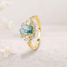 Unique floral engagement rings Emerald Cut Moss Agate Flower Engagement Ring Leaf 18K Yellow Gold Wedding Ring