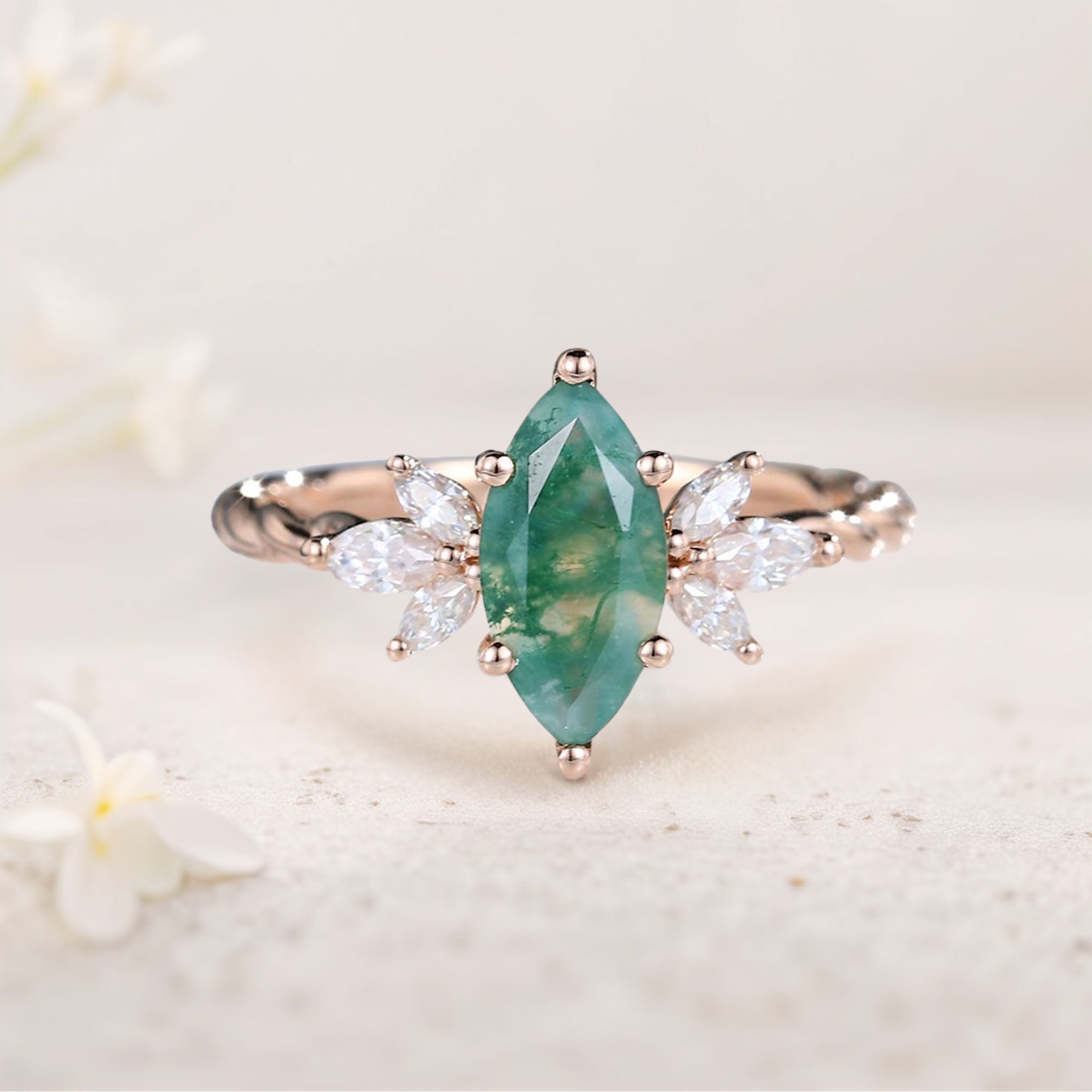 Unique Marquise Moss Agate Ring Twisted 18K Yellow Gold Engagement Ring