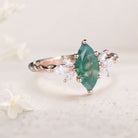 Unique Marquise Moss Agate Ring Twisted 18K Yellow Gold Engagement Ring