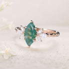 Unique Marquise Moss Agate Ring Twisted 18K Yellow Gold Engagement Ring