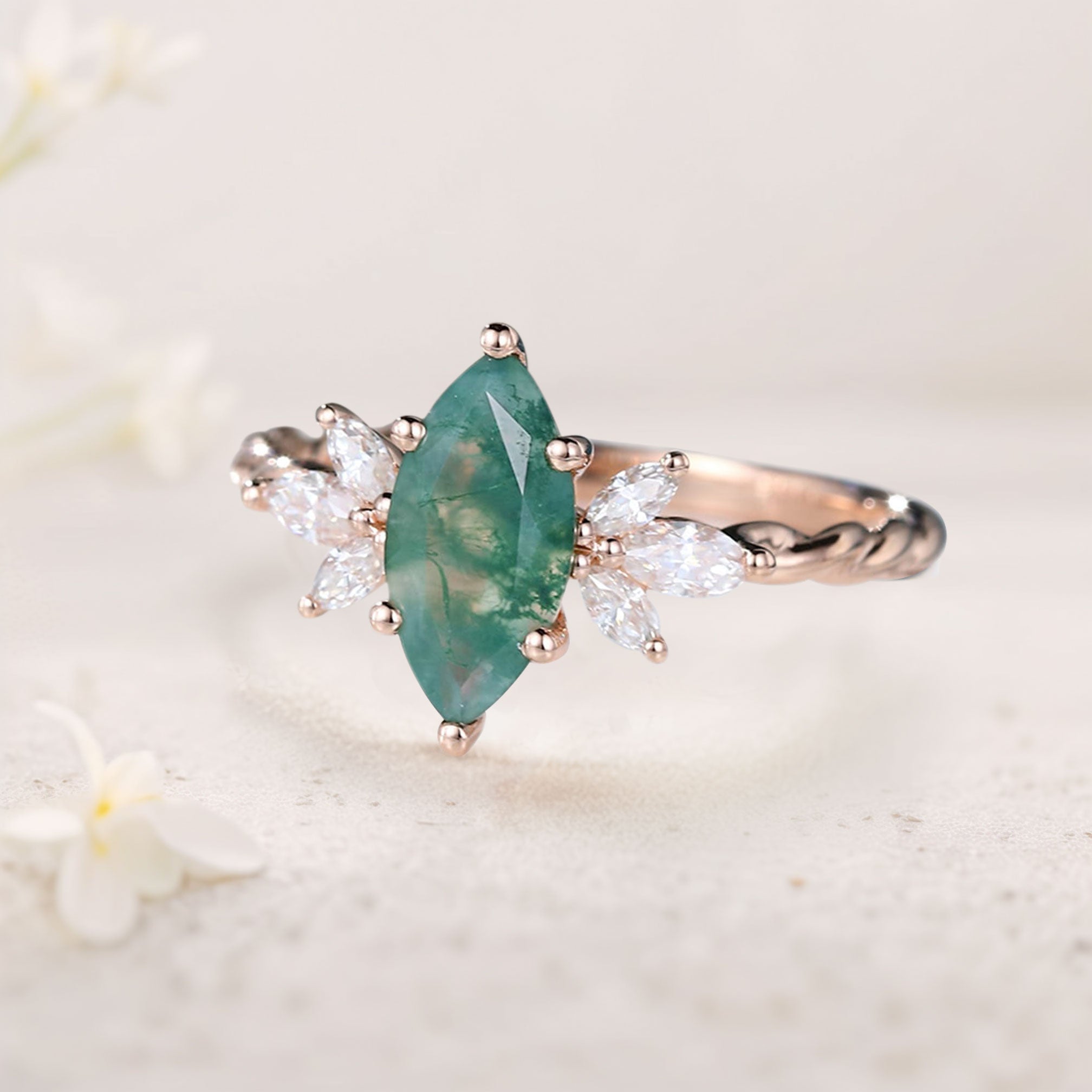 Unique Marquise Moss Agate Ring Twisted 18K Yellow Gold Engagement Ring