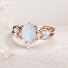 Vintage Oval Lab Opal and Moissanite Curved 18K Rose Gold Wedding Ring Set Bridal Ring Set