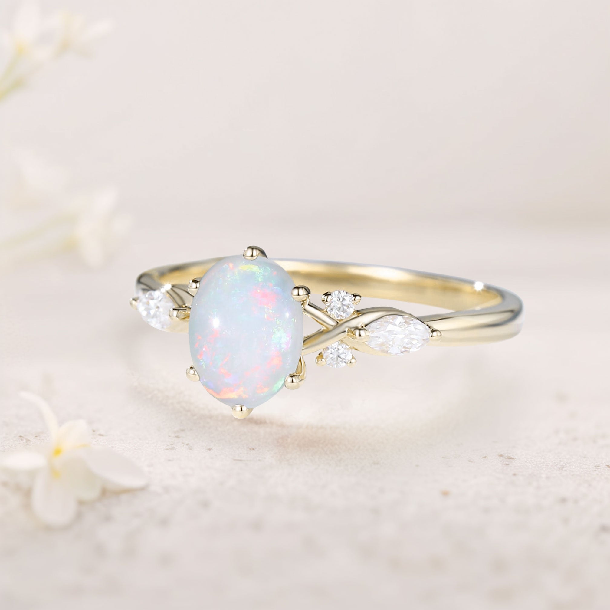 Vintage Oval Lab Opal and Moissanite 18K White Gold Engagement Ring