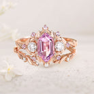 Unique Flower Engagement Ring Unique floral engagement rings long hexagon Lab Padparadscha and amethyst cluster 18K Rose Gold wedding ring set