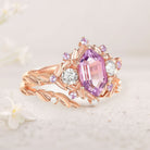 Unique Flower Engagement Ring Unique floral engagement rings long hexagon Lab Padparadscha and amethyst cluster 18K Rose Gold wedding ring set