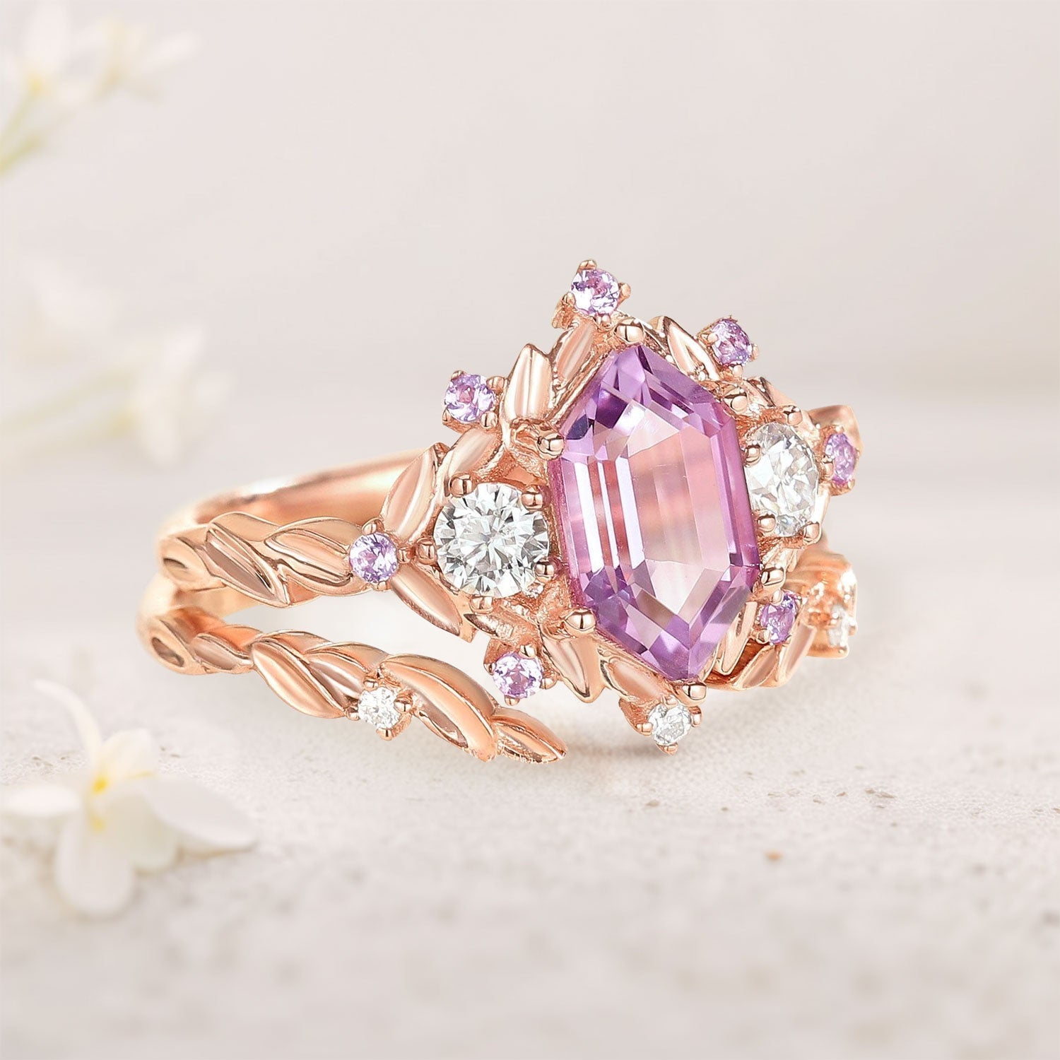 Unique Flower Engagement Ring Unique floral engagement rings long hexagon Lab Padparadscha and amethyst cluster 18K Rose Gold wedding ring set