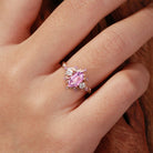 Unique Flower Engagement Ring Unique floral engagement rings long hexagon Lab Padparadscha and amethyst cluster 18K Rose Gold wedding ring set