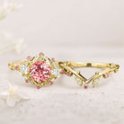 Unique floral engagement rings Round Lab Padparadscha Twig Engagement Ring Set Dainty Leaf 18K Yellow Gold Wedding Ring Set