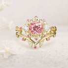 Unique floral engagement rings Round Lab Padparadscha Twig Engagement Ring Set Dainty Leaf 18K Yellow Gold Wedding Ring Set