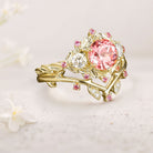 Unique floral engagement rings Round Lab Padparadscha Twig Engagement Ring Set Dainty Leaf 18K Yellow Gold Wedding Ring Set