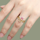 Unique floral engagement rings Round Lab Padparadscha Twig Engagement Ring Set Dainty Leaf 18K Yellow Gold Wedding Ring Set