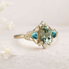 Unique Pear Green Lab Sapphire and Tear Moissanite Leaf Ring 18K Yellow Gold Engagement Ring