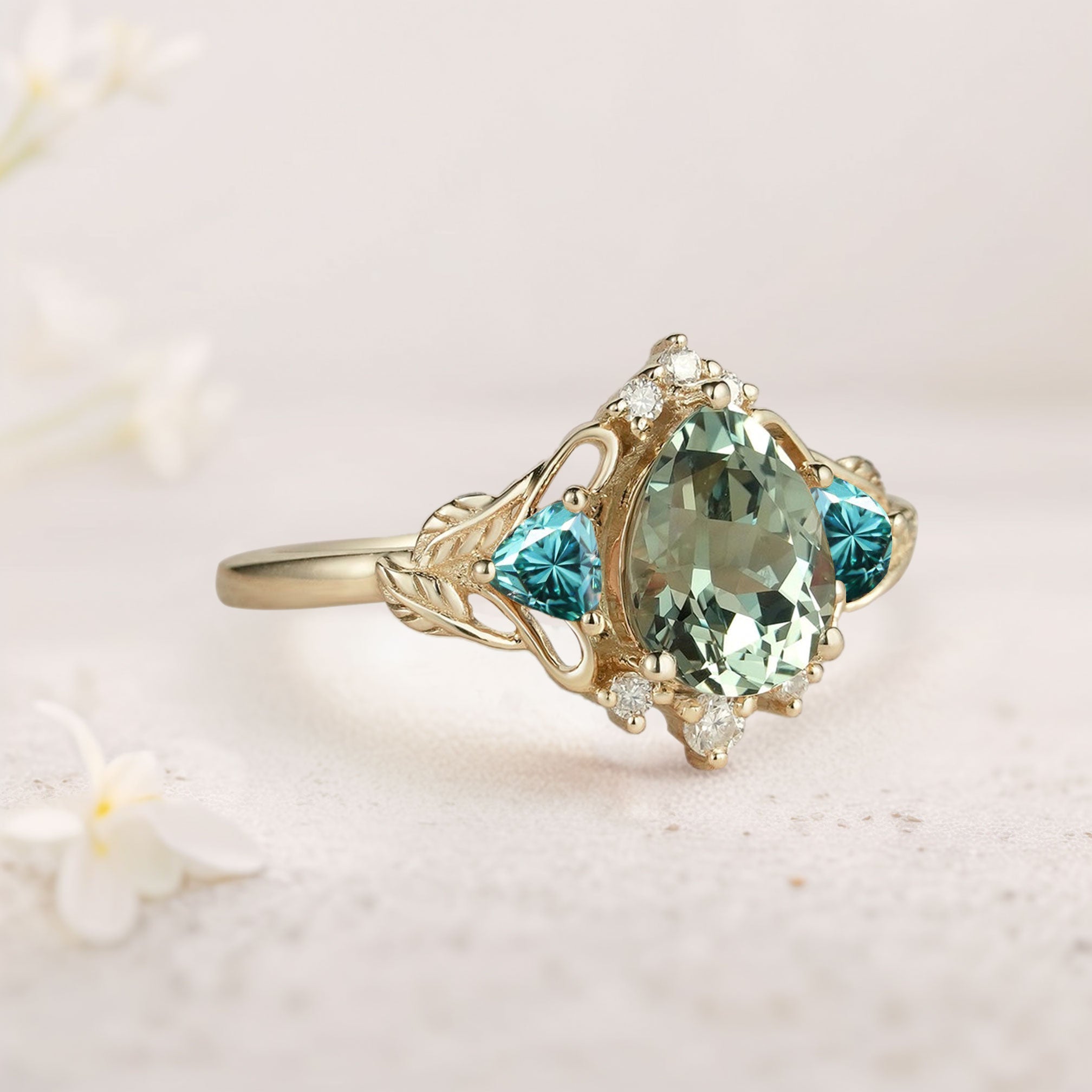 Unique Pear Green Lab Sapphire and Tear Moissanite Leaf Ring 18K Yellow Gold Engagement Ring