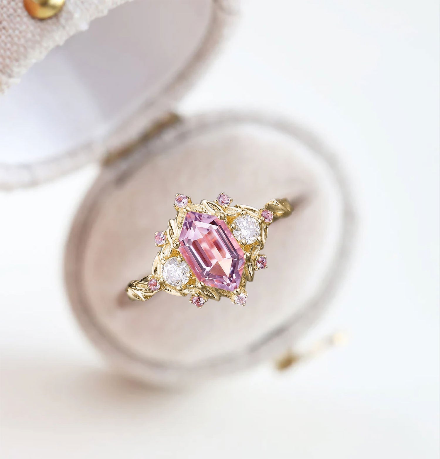 Unique Long Hexagon Pink Lab Sapphire Cluster 18K Yellow Gold Wedding Ring Promise Ring For Women