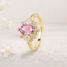 Unique Long Hexagon Pink Lab Sapphire Cluster 18K Yellow Gold Wedding Ring Promise Ring For Women