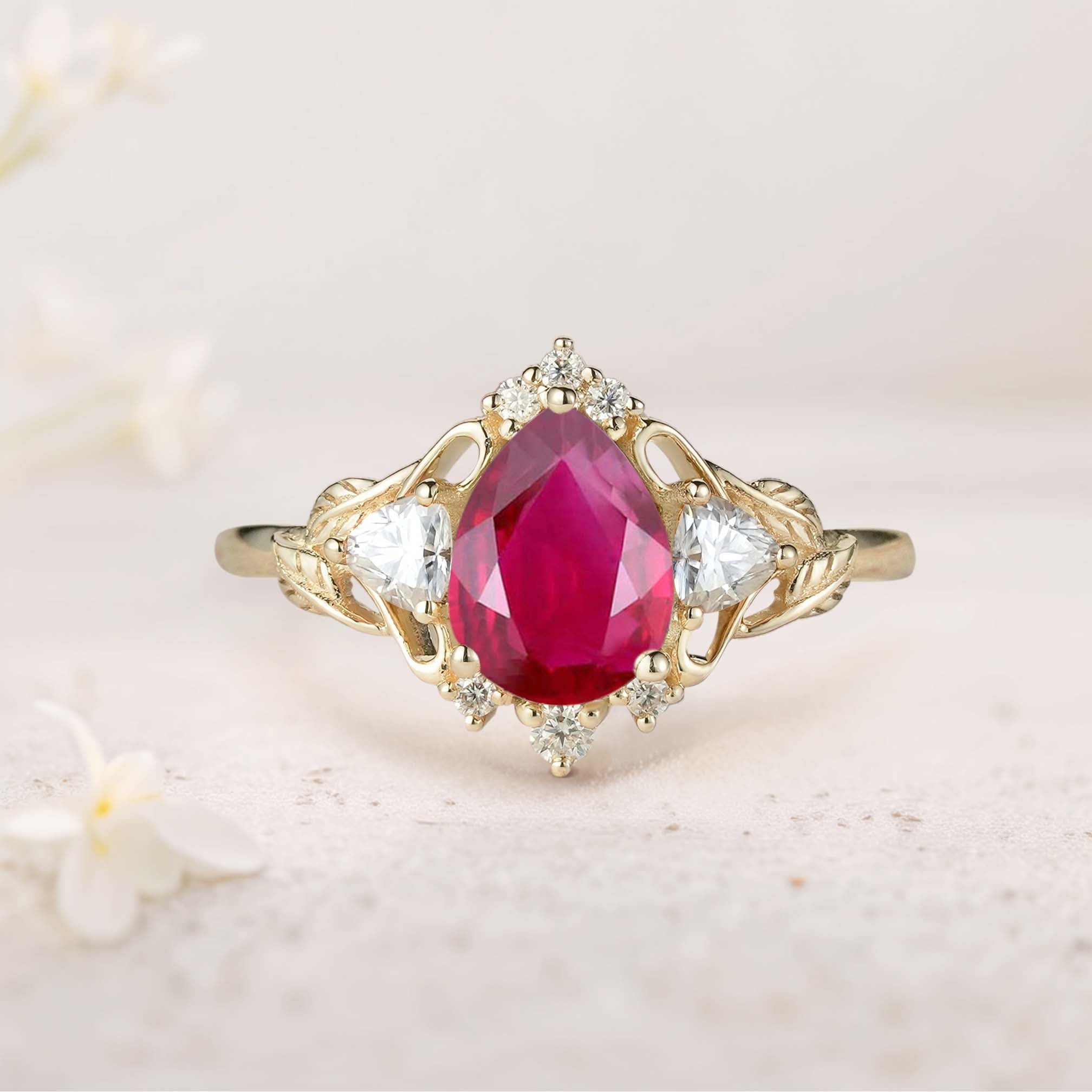 Unique Pear Lab Ruby and Moissanite side stones Leaf Ring 18K Yellow Gold Engagement Ring