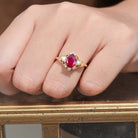 Unique Pear Lab Ruby and Moissanite side stones Leaf Ring 18K Yellow Gold Engagement Ring