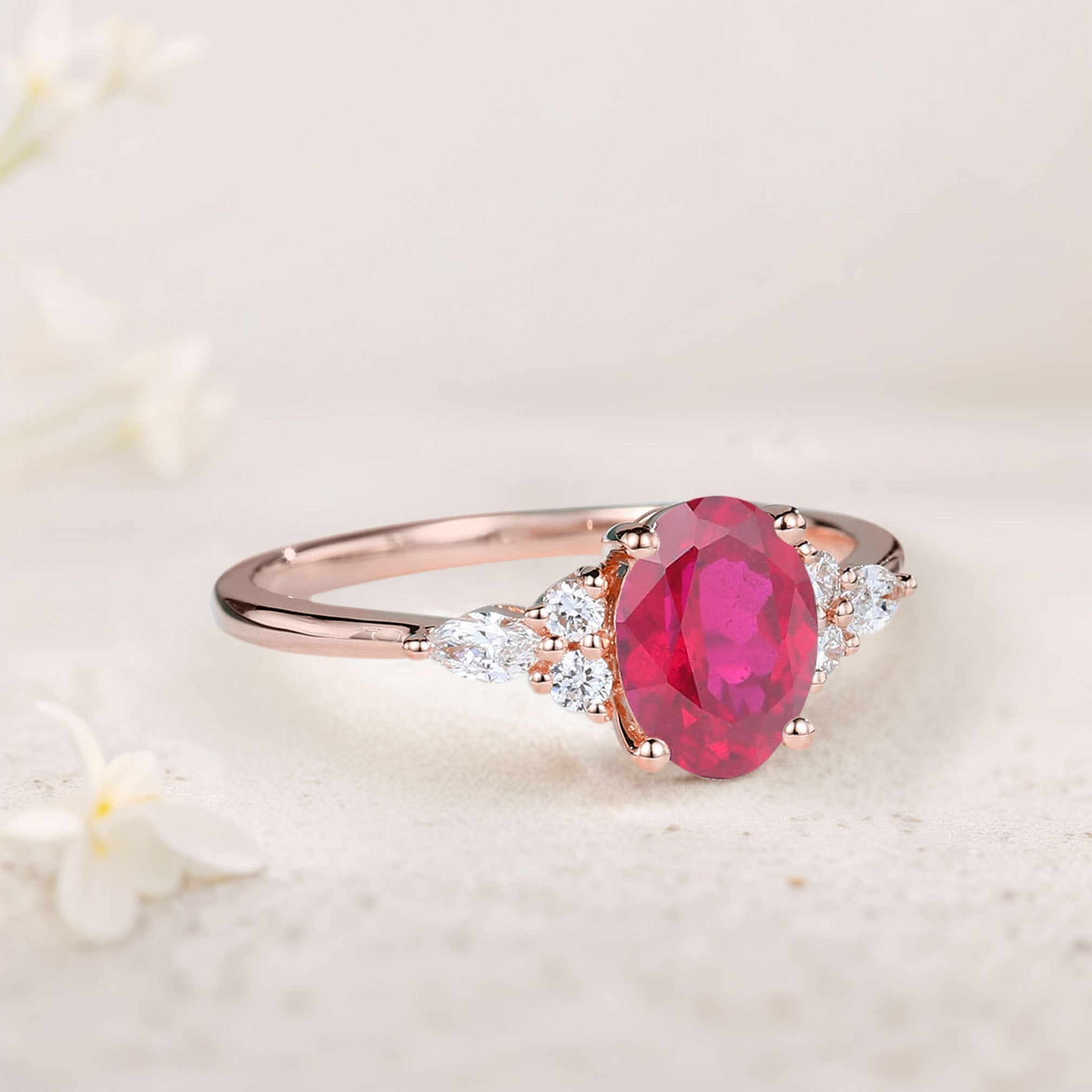 Vintage Oval Lab Ruby Cluster 18K Rose Gold Engagement Ring 