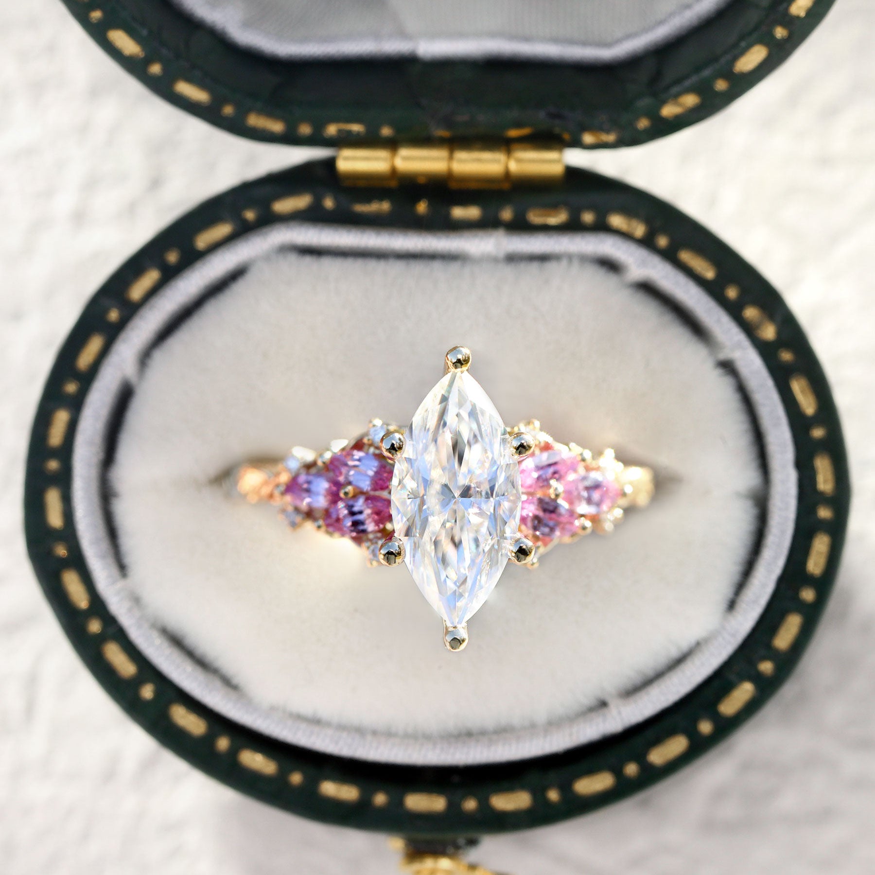 Unique Enchanted Garden Marquise Moissanite and Pink Sapphire 18K Yellow Gold Ring