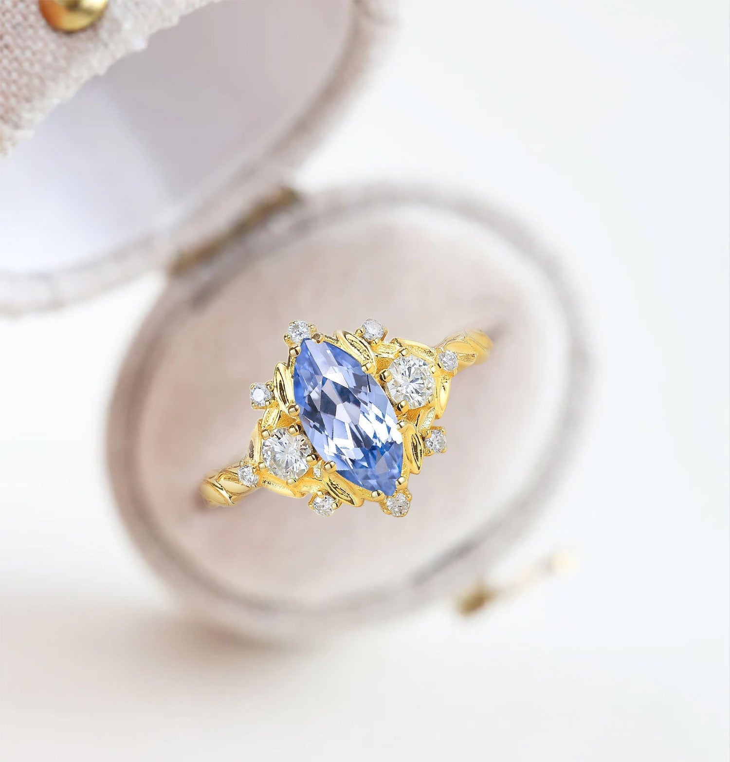 Unique floral engagement rings Marquise Lab Sapphire 18K Yellow Gold Engagement Ring Moissanite Cluster Promise Ring