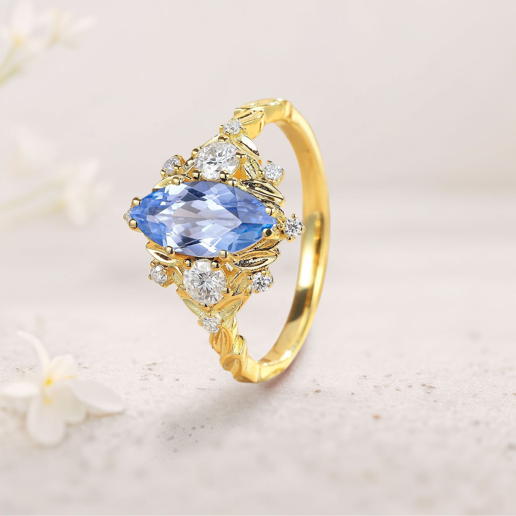 Unique floral engagement rings Marquise Lab Sapphire 18K Yellow Gold Engagement Ring Moissanite Cluster Promise Ring