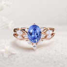 Vintage Oval Lab Sapphire and Moissanite Curved 18K Rose Gold Wedding Ring Set Bridal Ring Set