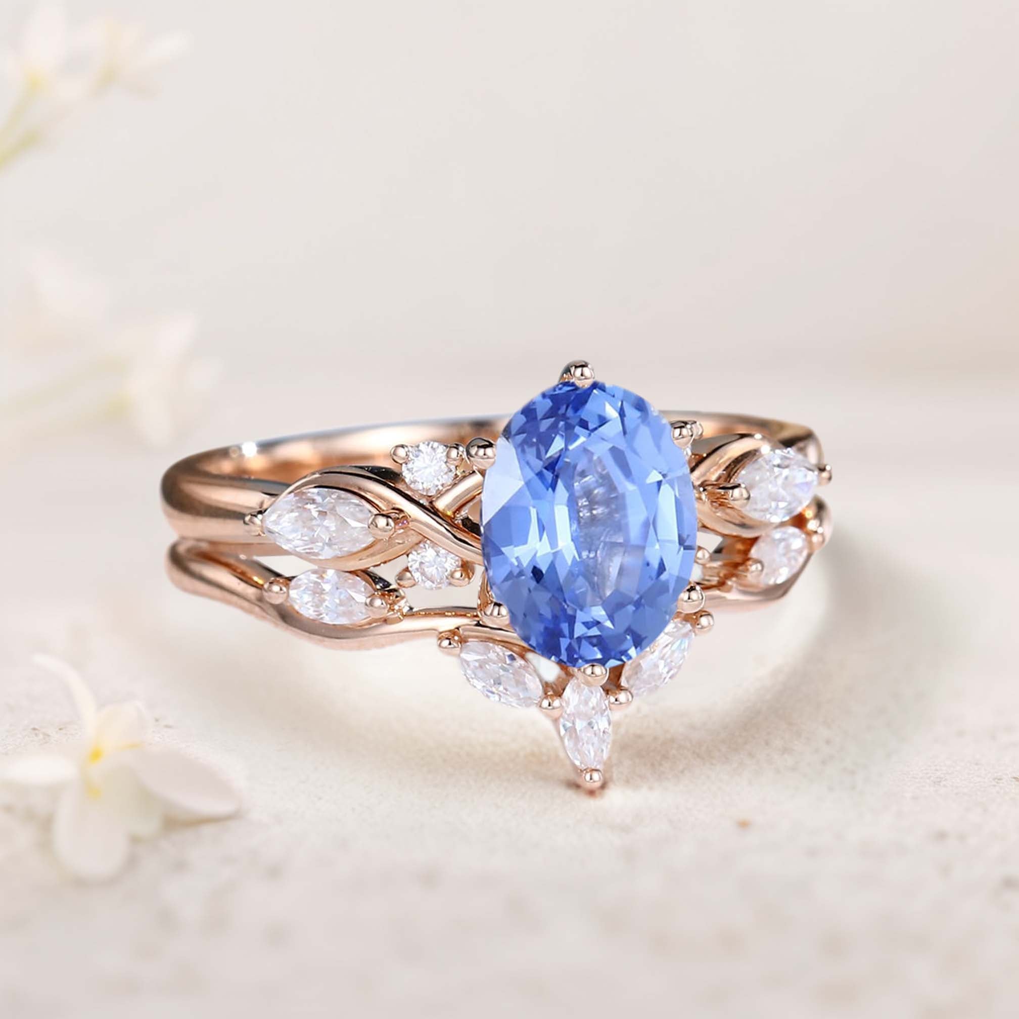 Vintage Oval Lab Sapphire and Moissanite Curved 18K Rose Gold Wedding Ring Set Bridal Ring Set
