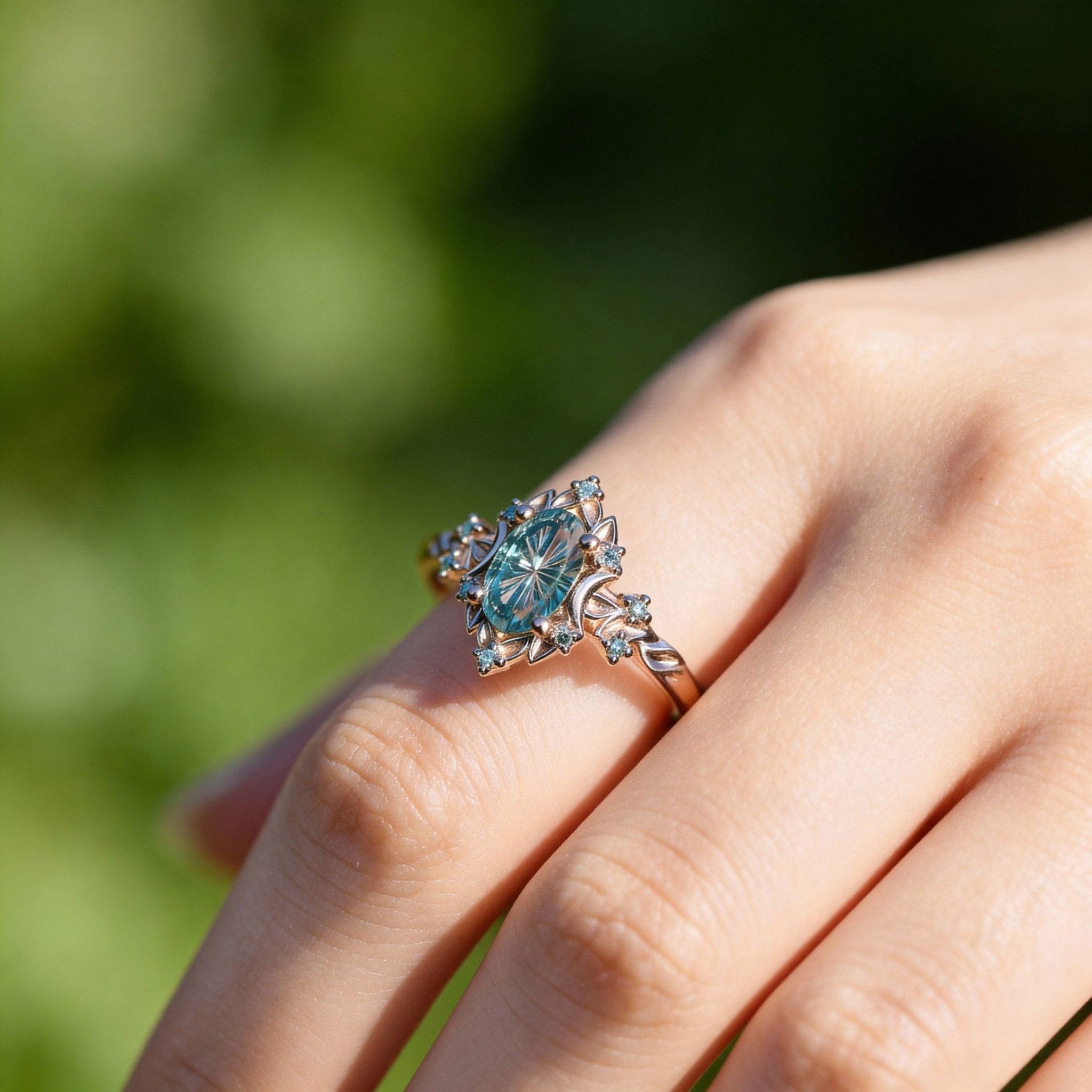 Unique Briar Rose Halo Moon Oval Light Green Lab Sapphire 18k rose gold Ring