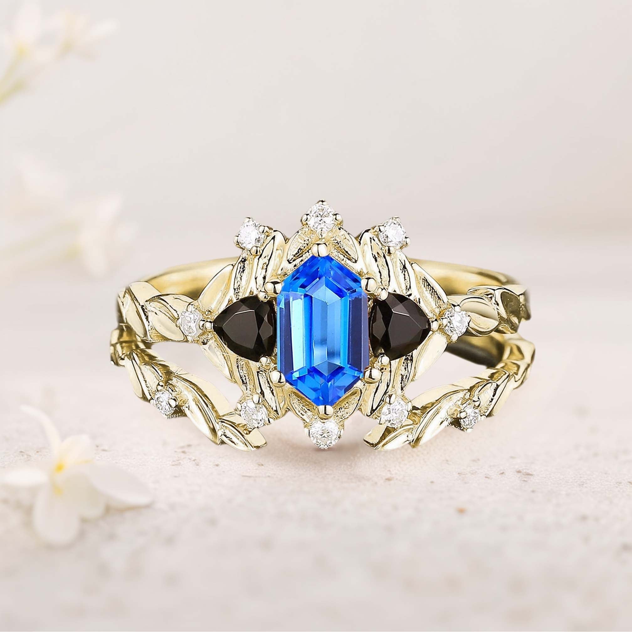 Unique Long Hexagon Lab Sapphire Leaf 18K Yellow Gold Engagement Ring Wedding Ring Set