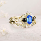 Unique Long Hexagon Lab Sapphire Leaf 18K Yellow Gold Engagement Ring Wedding Ring Set