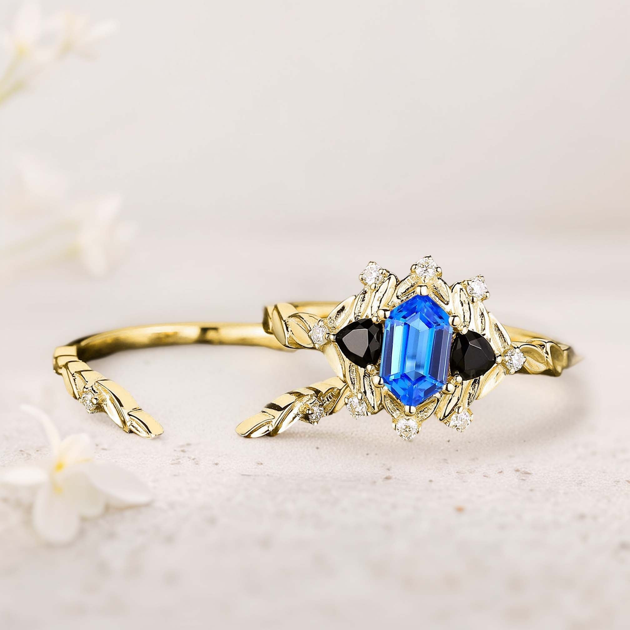 Unique Long Hexagon Lab Sapphire Leaf 18K Yellow Gold Engagement Ring Wedding Ring Set