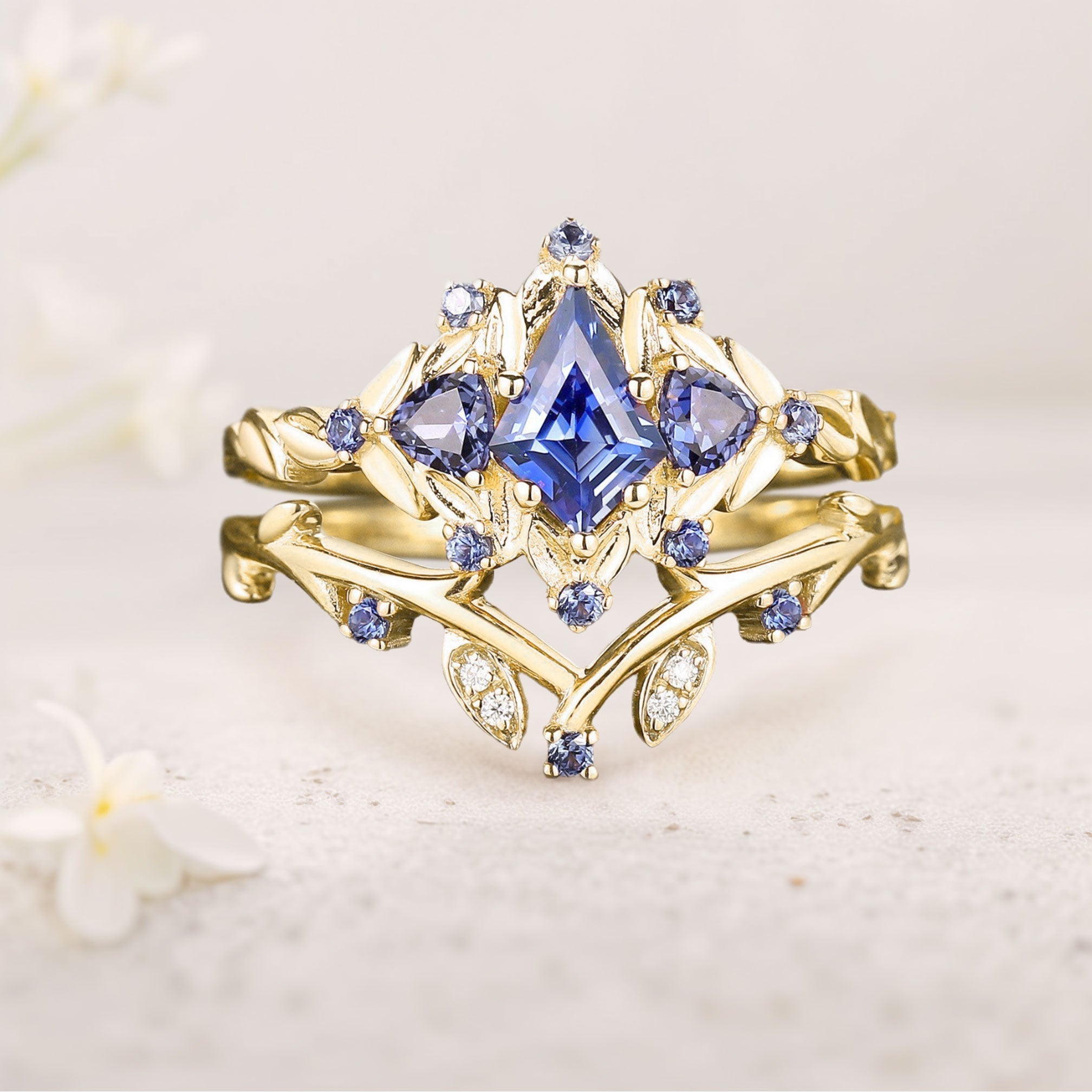 Unique floral engagement rings Kite Lab Sapphire Engagement Ring Set Sapphire Cluster Ring Leaf Floral 18K Yellow Gold Wedding Ring Set