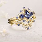 Unique floral engagement rings Kite Lab Sapphire Engagement Ring Set Sapphire Cluster Ring Leaf Floral 18K Yellow Gold Wedding Ring Set