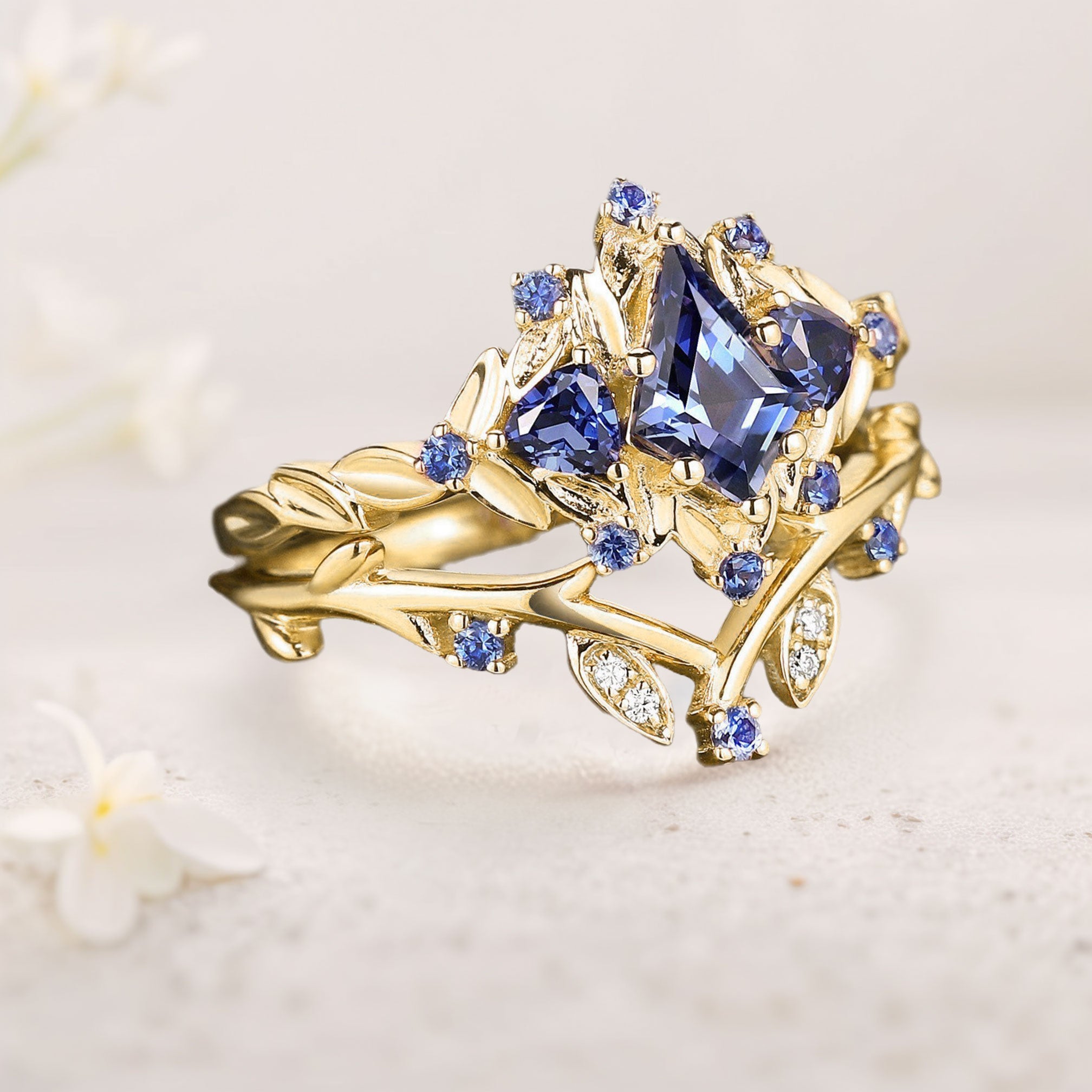Unique floral engagement rings Kite Lab Sapphire Engagement Ring Set Sapphire Cluster Ring Leaf Floral 18K Yellow Gold Wedding Ring Set