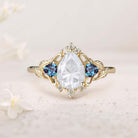 Unique Pear Moissanite and Lab Alexandrite Leaf Ring 18K Yellow Gold Engagement Ring