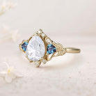 Unique Pear Moissanite and Lab Alexandrite Leaf Ring 18K Yellow Gold Engagement Ring