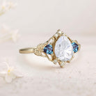 Unique Pear Moissanite and Lab Alexandrite Leaf Ring 18K Yellow Gold Engagement Ring