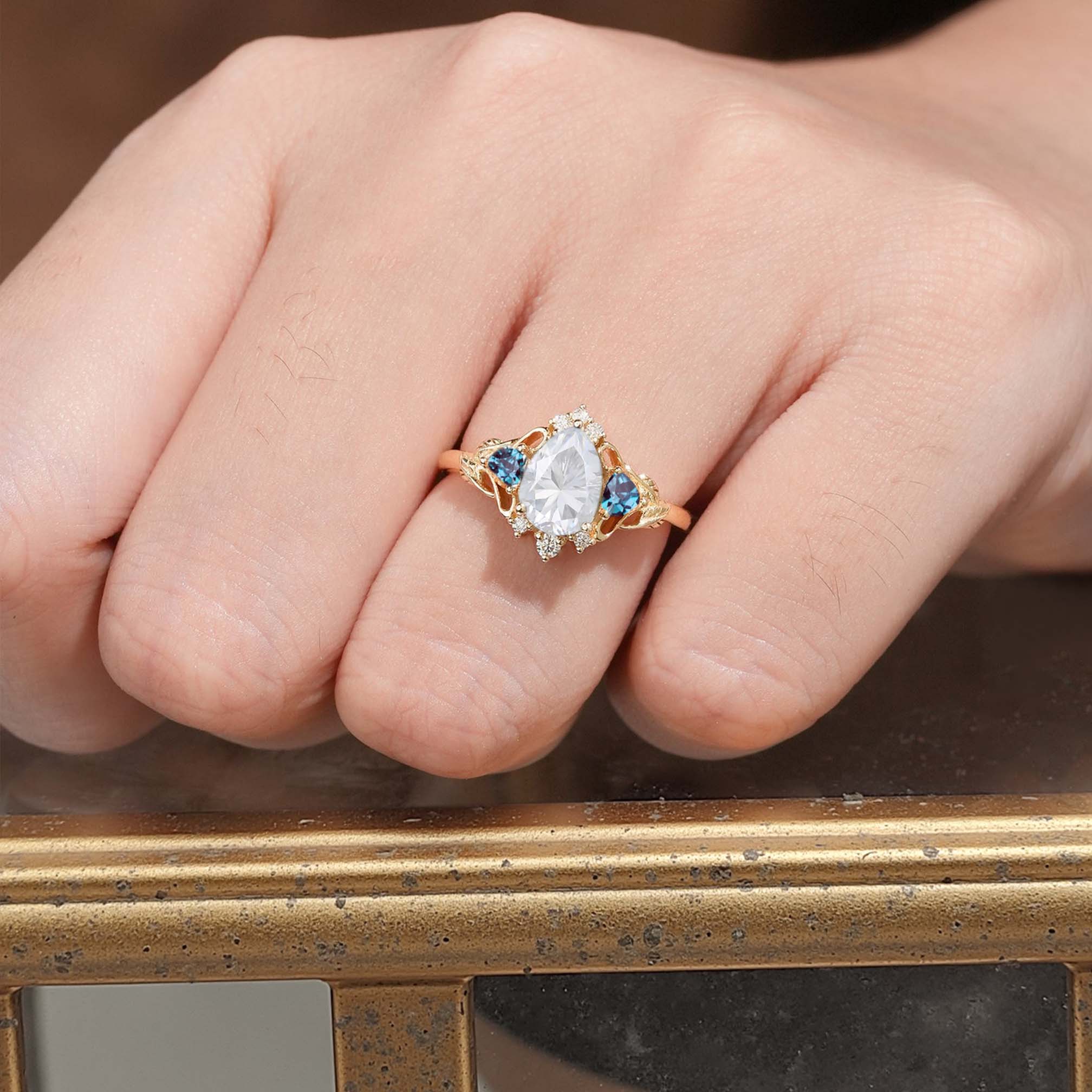 Unique Pear Moissanite and Lab Alexandrite Leaf Ring 18K Yellow Gold Engagement Ring