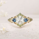 Unique Three Stone Hexagon Moissanite and Lab Alexandrite Leaf 18K Yellow Gold Ring