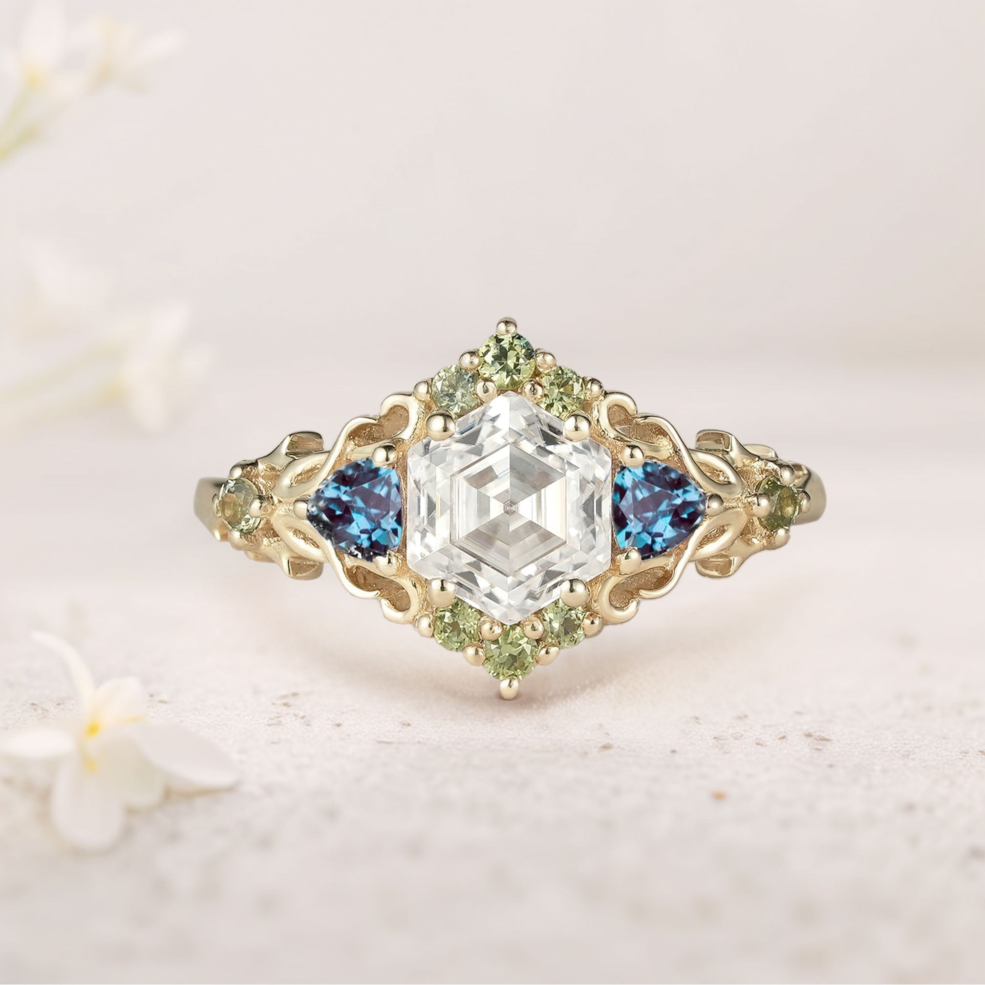Unique Three Stone Hexagon Moissanite and Lab Alexandrite Leaf 18K Yellow Gold Ring