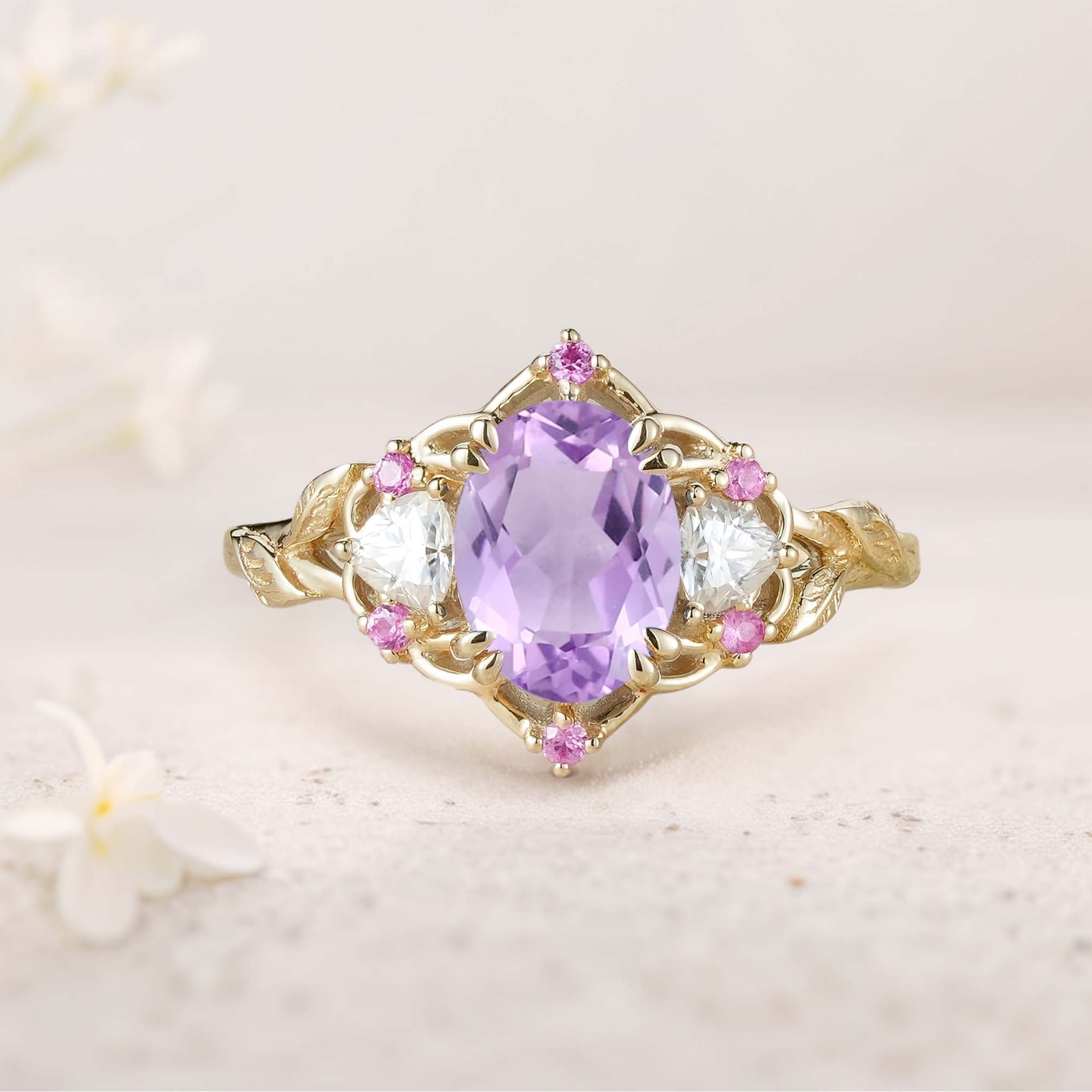 Unique Three Stone Oval Amethyst and Moissanite 18K Yellow Gold Engagement Ring
