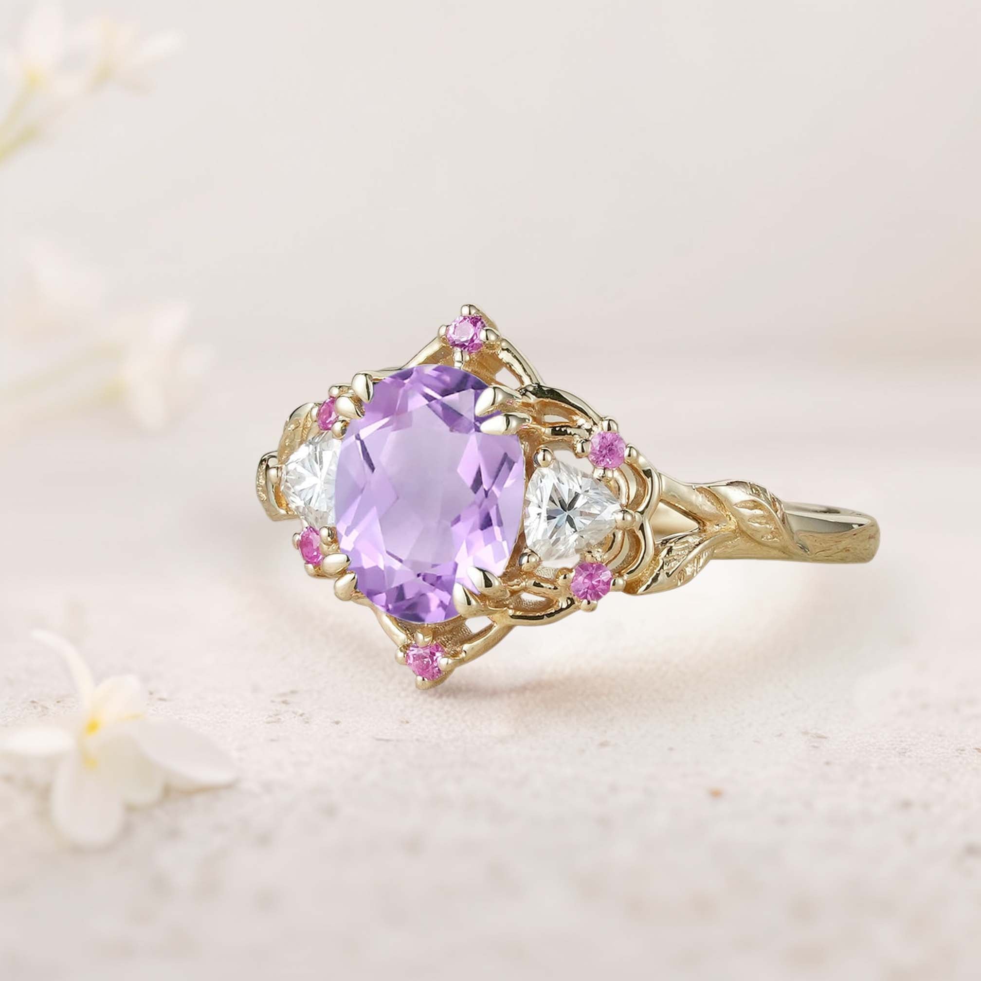 Unique Three Stone Oval Amethyst and Moissanite 18K Yellow Gold Engagement Ring