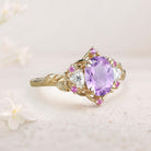 Unique Three Stone Oval Amethyst and Moissanite 18K Yellow Gold Engagement Ring